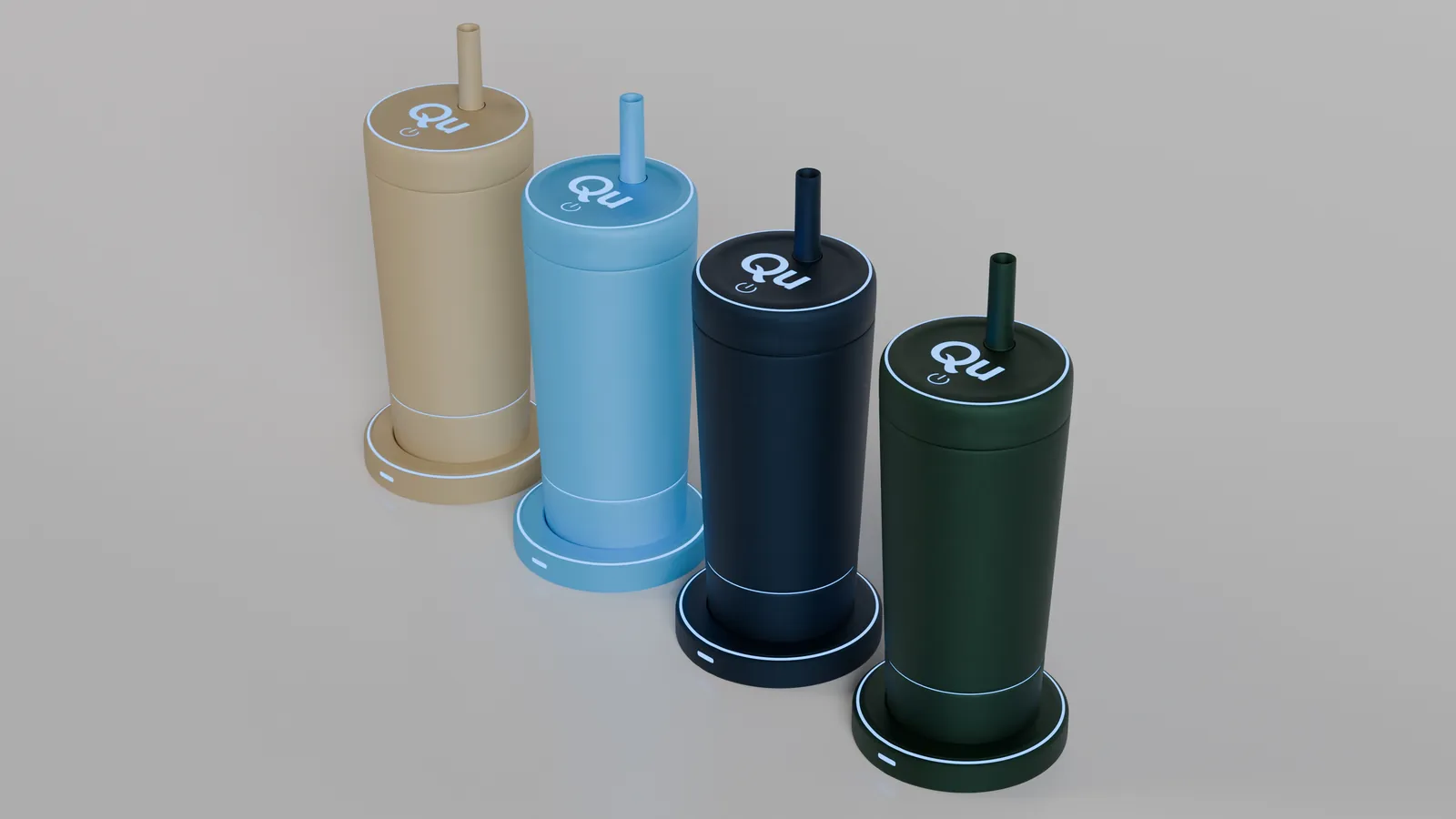 The Quantum Bottle in Midnight, Glacier, Forest, and Sandstone, each on a glowing charging base